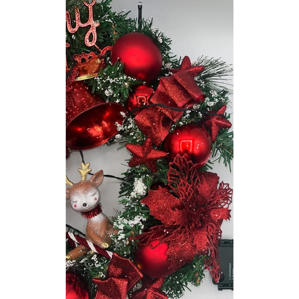 Pre Lit Merry Christmas Wreath with Twinkly Lights plus Reindeer Poinsettia Bell